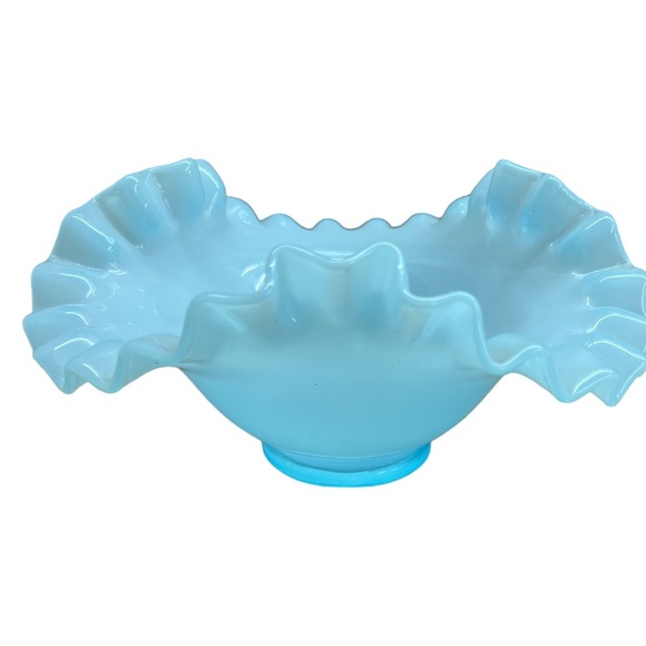Fenton Blue Bowl with Ruffled and Crimped Edge - Vintage Art Glass Bowl - Picture 1 of 8